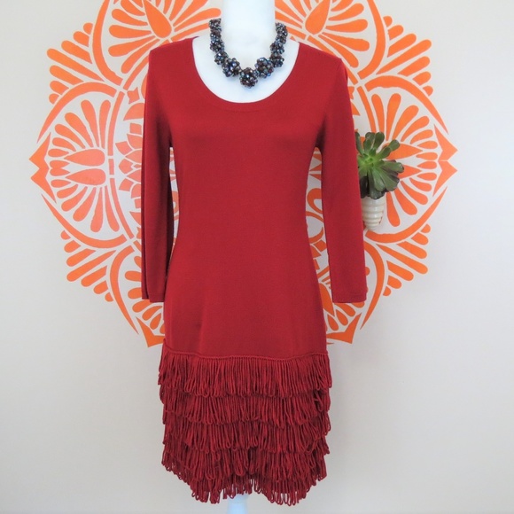 Calvin Klein Dresses & Skirts - Calvin Klein Red Fringe Sweater Dress S